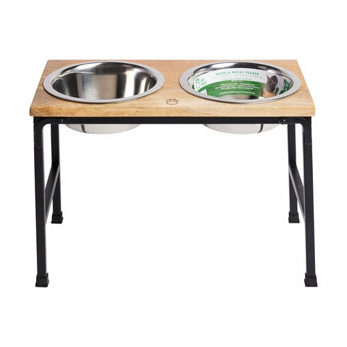Wood & Metal Elevated Feeder – Handcrafted Mango Wood