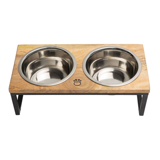 Wood & Metal Elevated Feeder – Handcrafted Mango Wood