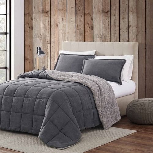 Full/Queen Plush Sherpa Reversible Micro Suede Comforter Set – Gray