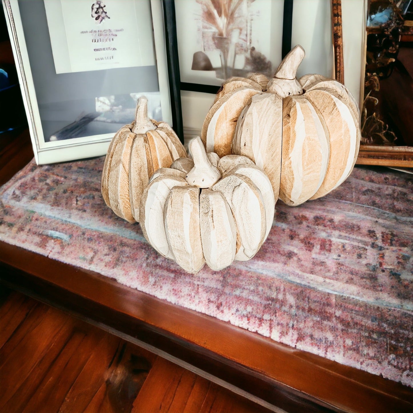 Farmhouse Pumpkin Trio – Hand-Crafted Wooden Pumpkins