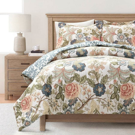 King/Cal King Floral Country Cottage Comforter Set – Blue, Green, Coral & Beige