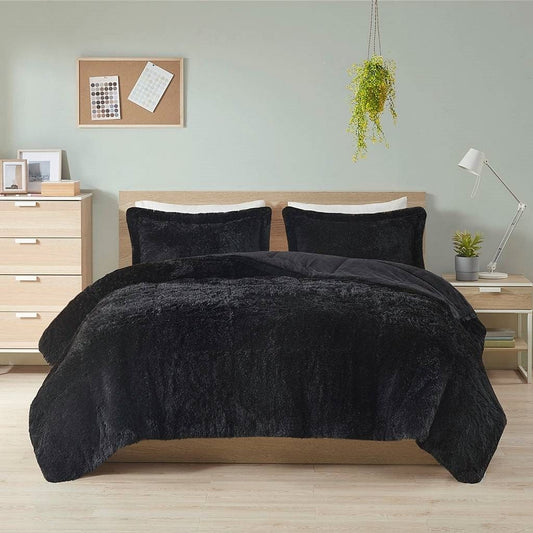 Soft Sherpa Faux Fur Comforter Set – Black (King/CAL King, 3-Piece)