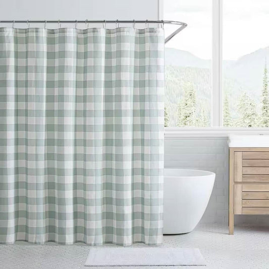 Green & White Plaid – 100% Cotton Shower Curtain