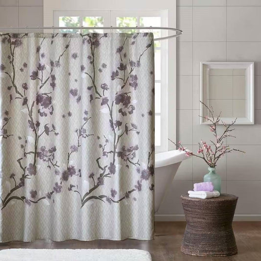 Purple Grey Beige Floral Blossom – 100% Cotton Shower Curtain