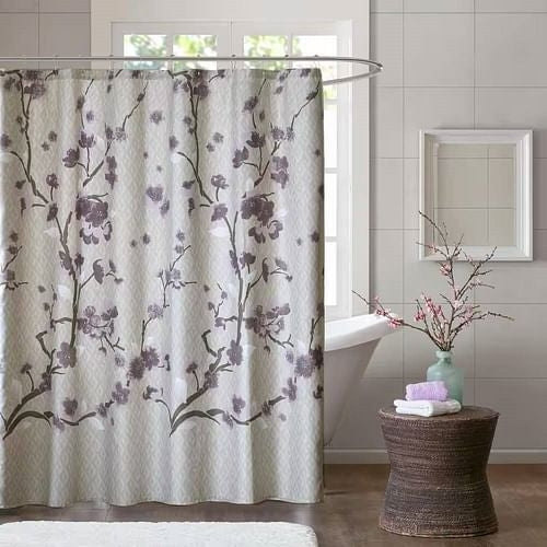Purple Grey Beige Floral Blossom – 100% Cotton Shower Curtain