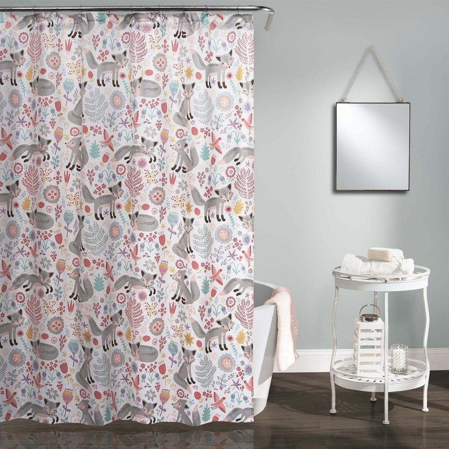 Pink Grey Teal Floral Fox Birds – Playful Shower Curtain