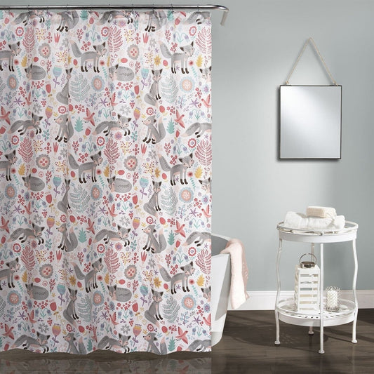 Pink Grey Teal Floral Fox Birds – Playful Shower Curtain