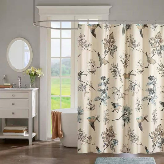Vintage Birds & Leaves – Beige Khaki Cotton Shower Curtain