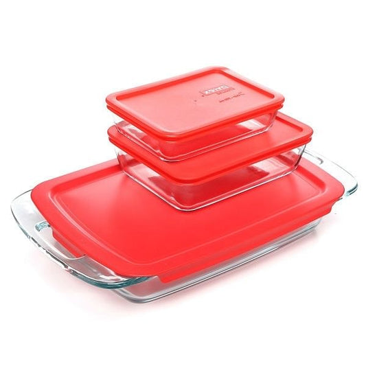 6-Piece Glass Bakeware & Food Storage Set with Red Lids – Oven, Microwave, & Freezer Safe