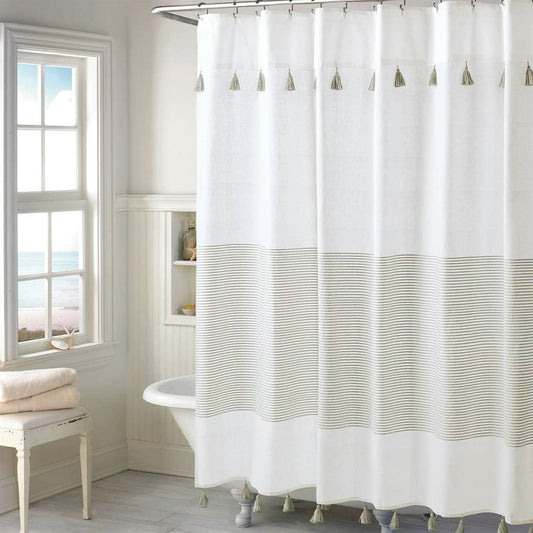 72-inch Taupe Tan & White Stripes Cotton Shower Curtain with Tassels