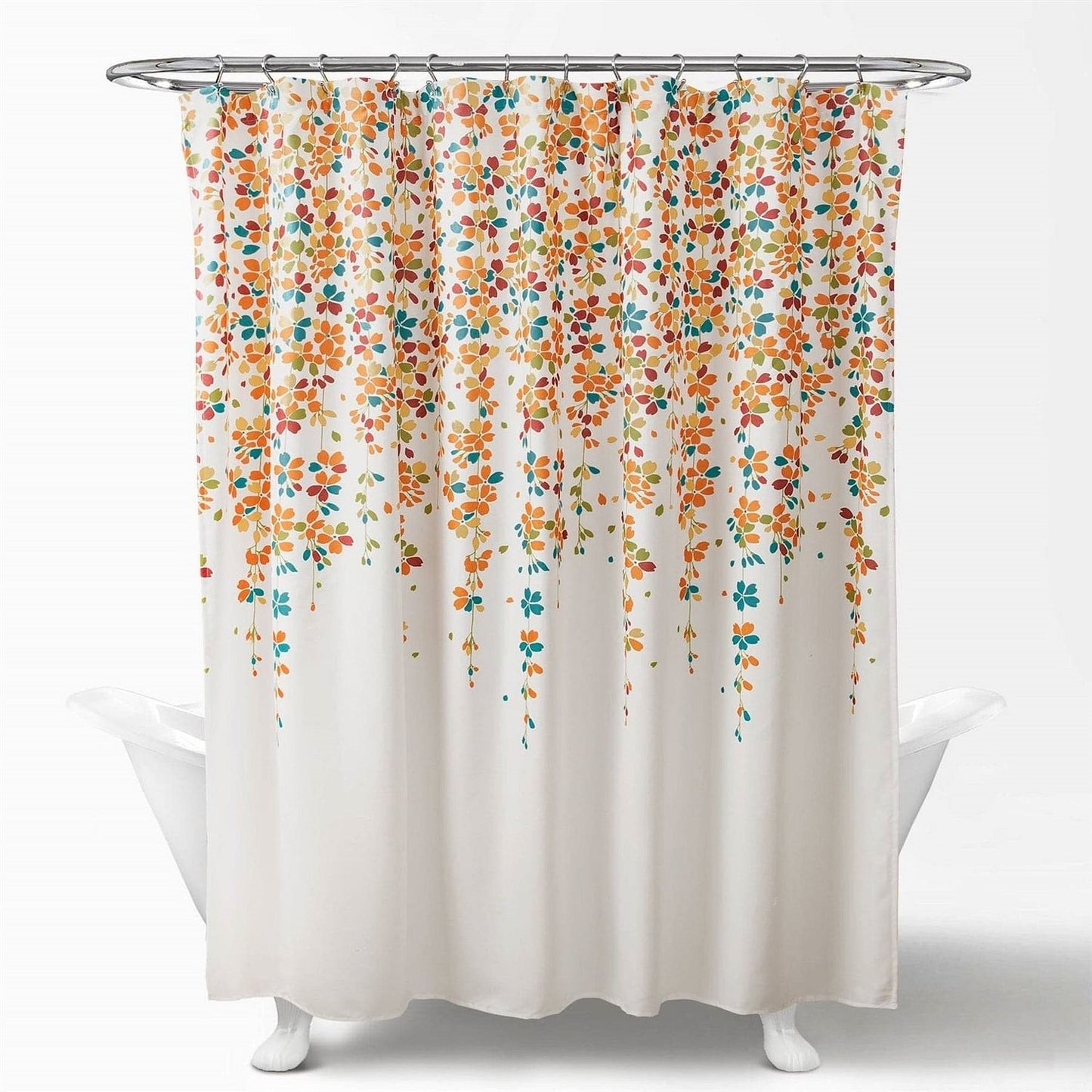 72" White, Turquoise, Blue & Orange Floral Shower Curtain
