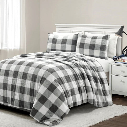 Twin Size Plaid Soft Faux Fur Comforter Set – Black, White & Grey