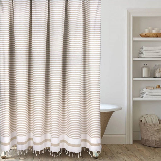 72" Beige & White Stripe Cotton Shower Curtain – Boho Farmhouse Tassels