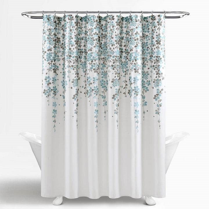 72" White, Blue & Grey Floral Shower Curtain