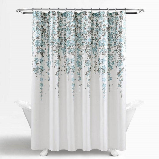 72" White, Blue & Grey Floral Shower Curtain