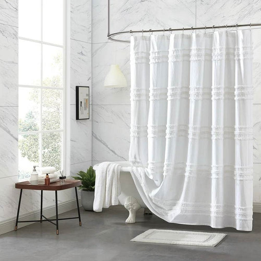 White Cotton Chenille Stripe – Textured Spa-Inspired Shower Curtain