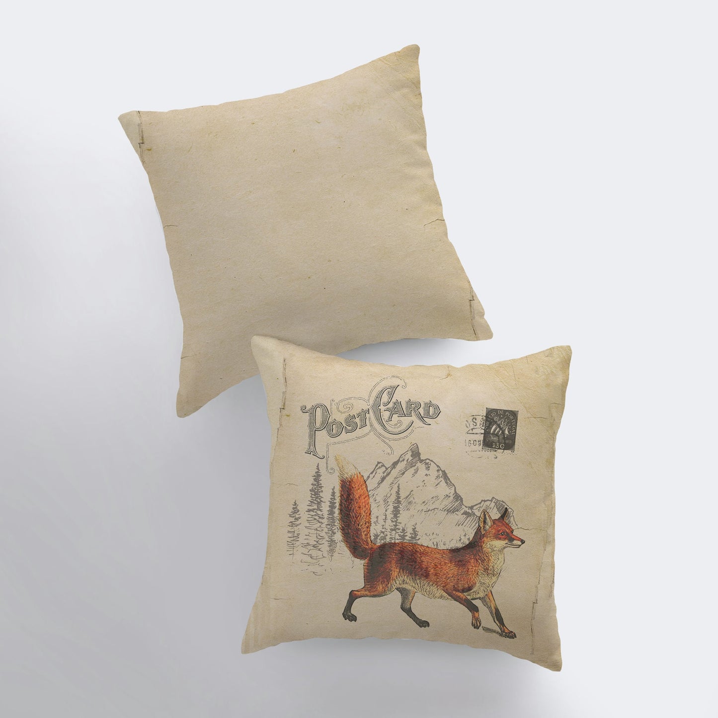 Fox Postcard Throw Pillow Cover – Farmhouse & Woodland Décor