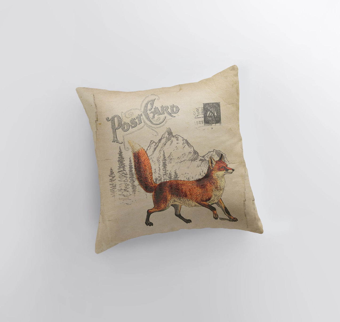 Fox Postcard Throw Pillow Cover – Farmhouse & Woodland Décor