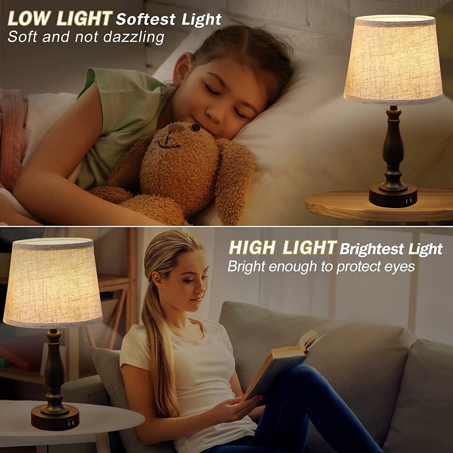 Table Lamps for Bedroom – Set of 2 with USB Charging Ports