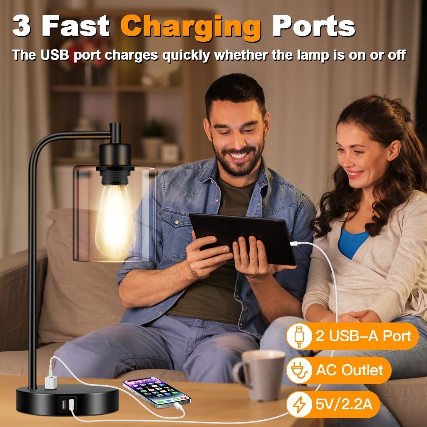 Industrial Touch Control Table Lamps – Set of 2 Dimmable with Dual USB & AC Outlet