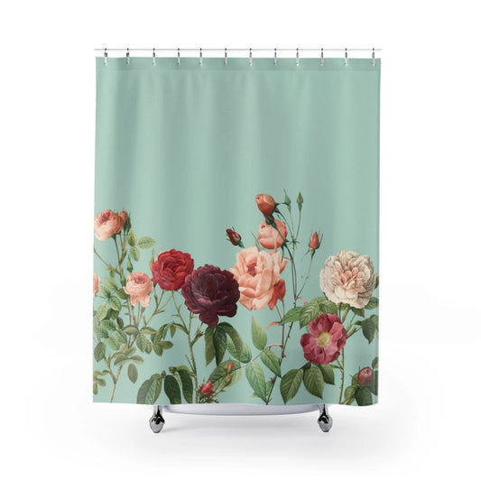 Rose Garden in Teal – Elegant Floral Shower Curtain