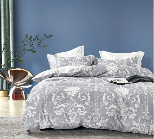 Lauren Damask Reversible Cotton Comforter Set – White/Grey