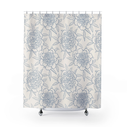 Blue Floral Outline – Elegant Botanical Shower Curtain