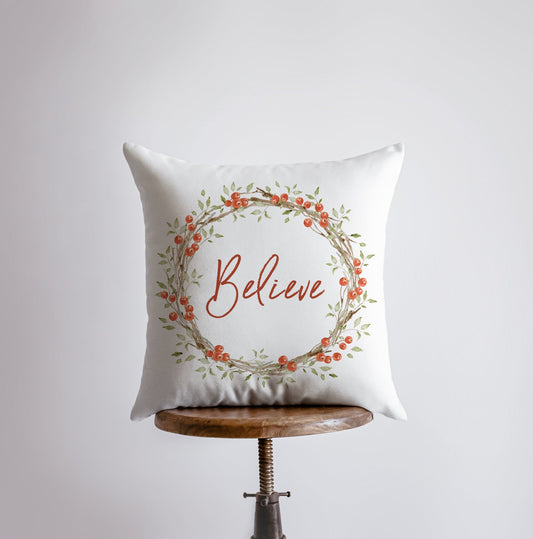 Believe with Berry Wreath Christmas Throw Pillow Cover