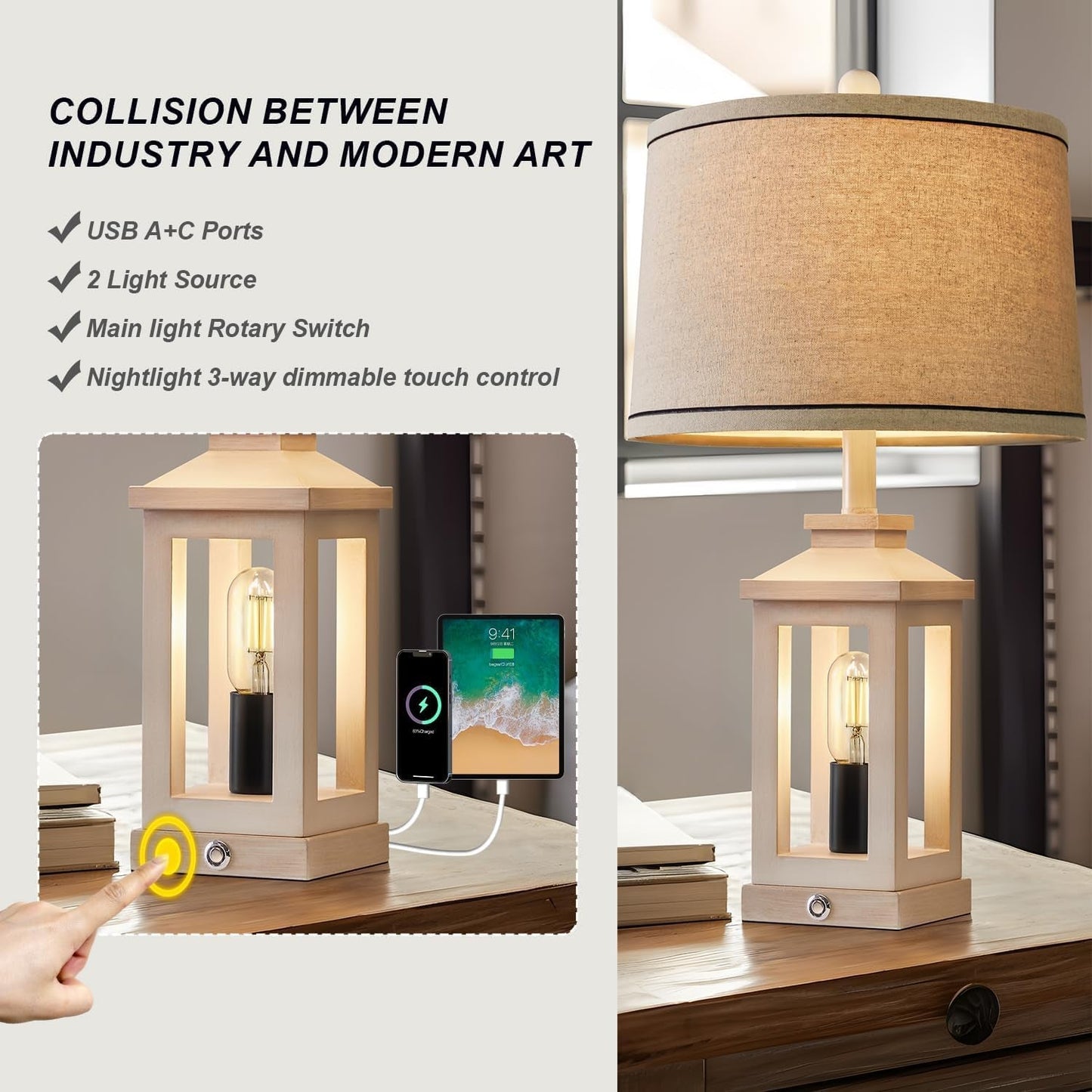 White Farmhouse Touch Lamps – Set of 2 Dimmable Dual-Light with USB