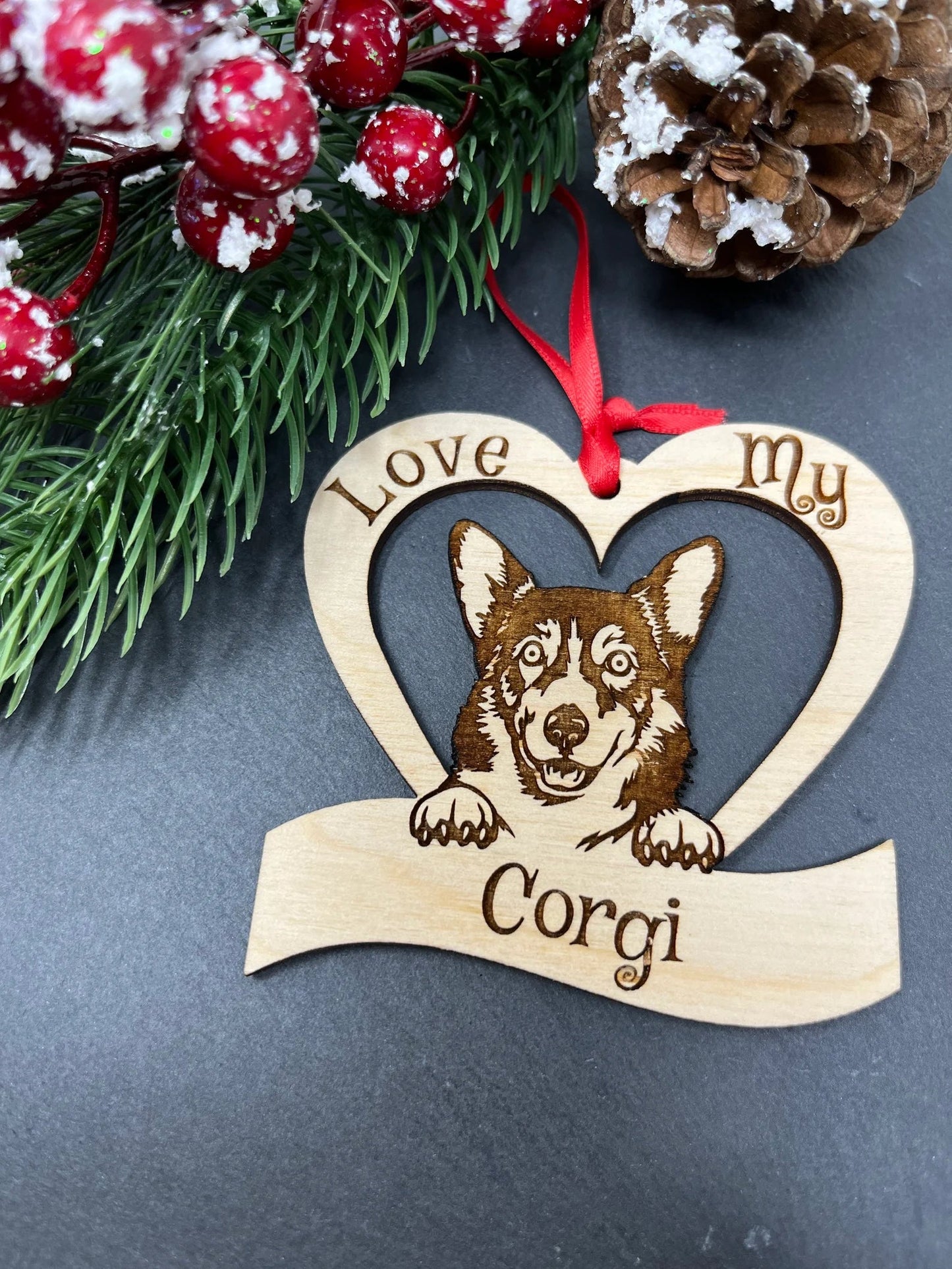 Love My Corgi – Laser Engraved Wooden Heart Ornament