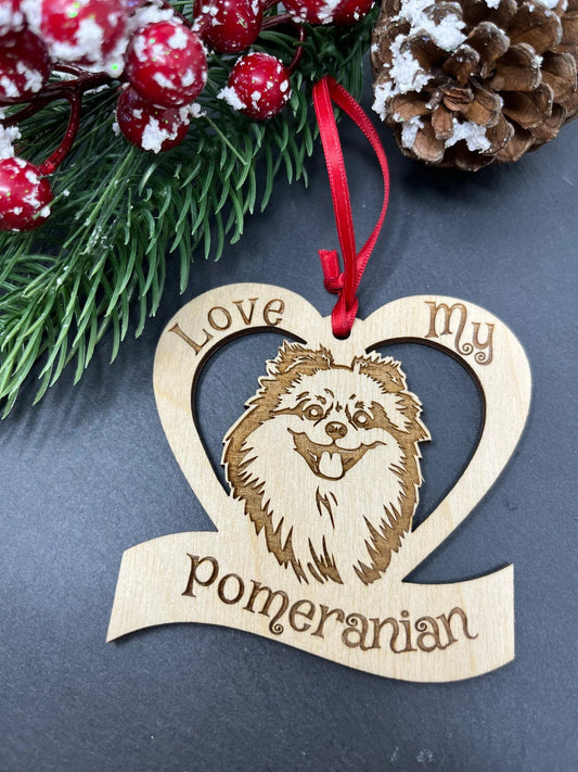 Love My Pomeranian – Laser Engraved Wooden Heart Ornament