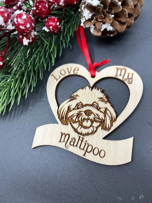 Love My Maltipoo – Laser Engraved Wooden Heart Ornament
