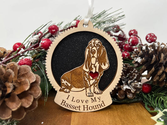 Love My Basset Hound – Laser Engraved Round Wooden Ornament