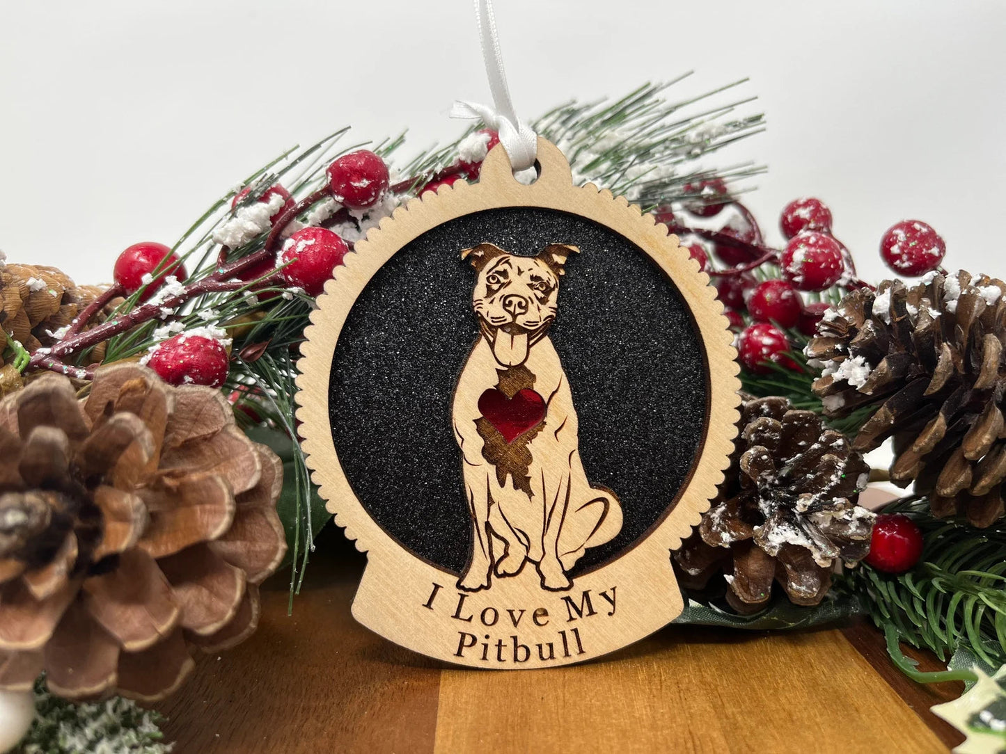 Love My Pitbull – Laser Engraved Round Wooden Ornament