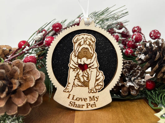 Love My Shar Pei – Laser Engraved Round Wooden Ornament