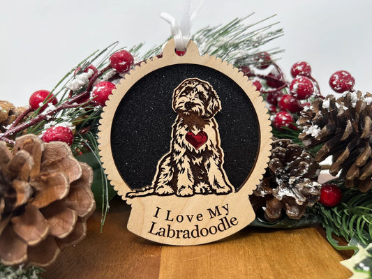 Love My Labradoodle – Laser Engraved Round Wooden Ornament