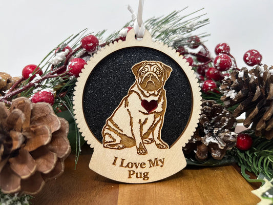 Love My Pug – Laser Engraved Round Wooden Ornament