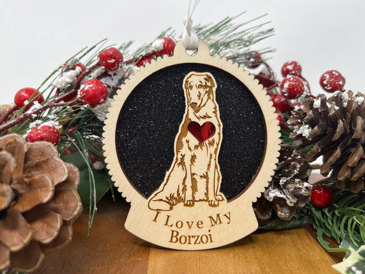 Love My Borzoi – Laser Engraved Round Wooden Ornament