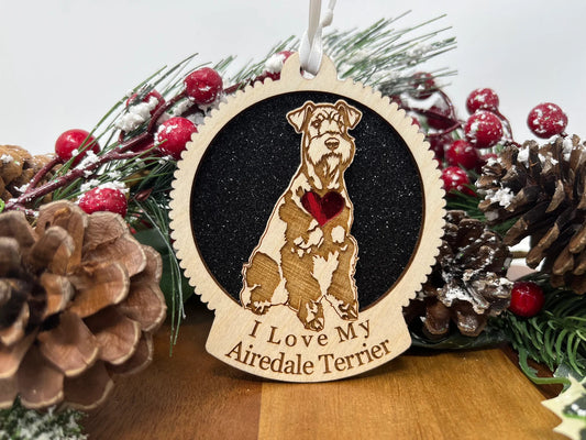 Love My Airedale Terrier – Laser Engraved Round Wooden Ornament