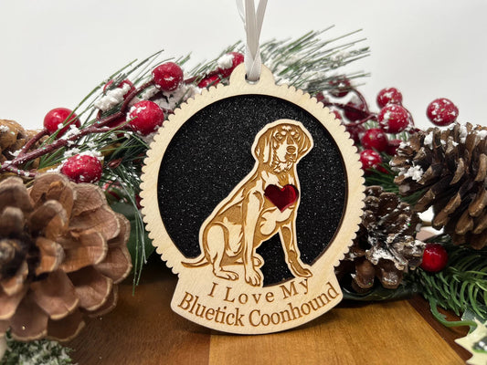 Love My Bluetick Coonhound – Laser Engraved Round Wooden Ornament