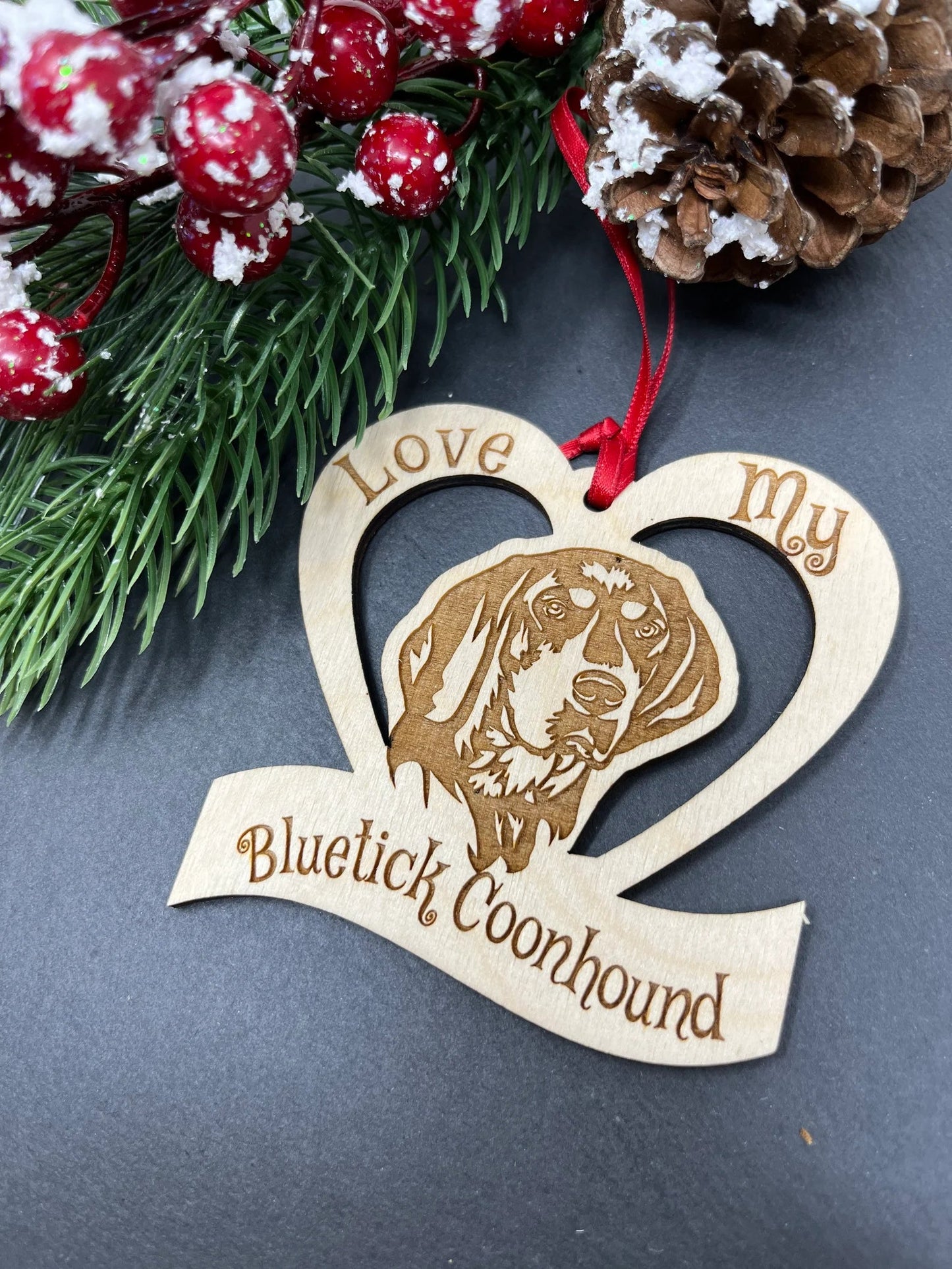 Love My Bluetick Coonhound – Laser Engraved Wooden Heart Ornament