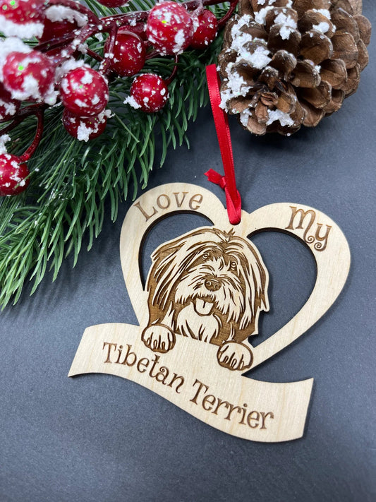 Love My Tibetan Terrier – Laser Engraved Wooden Heart Ornament