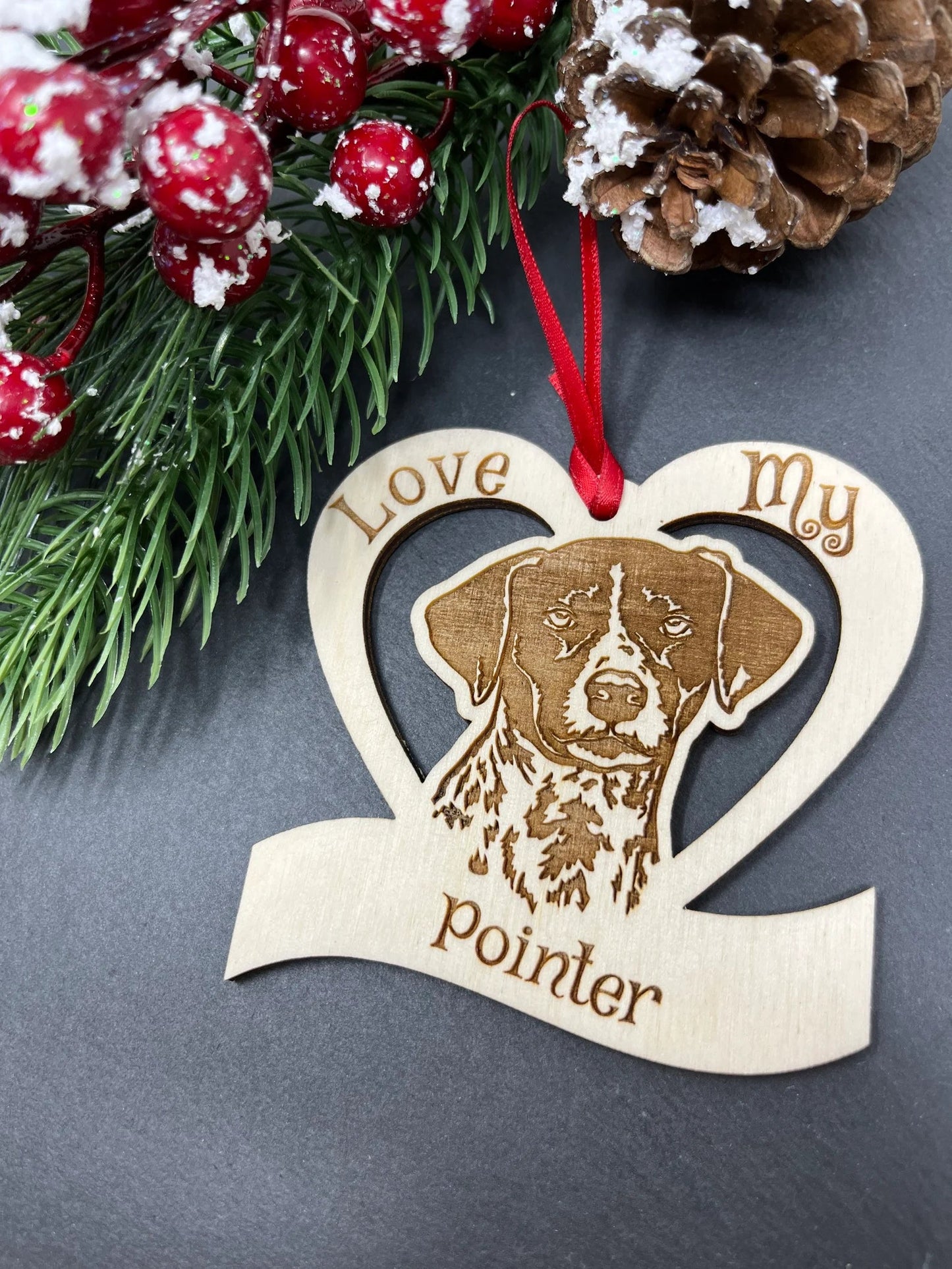 Love My Pointer – Laser Engraved Wooden Heart Ornament