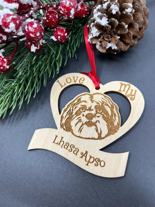 Love My Lhasa Apso – Laser Engraved Wooden Heart Ornament