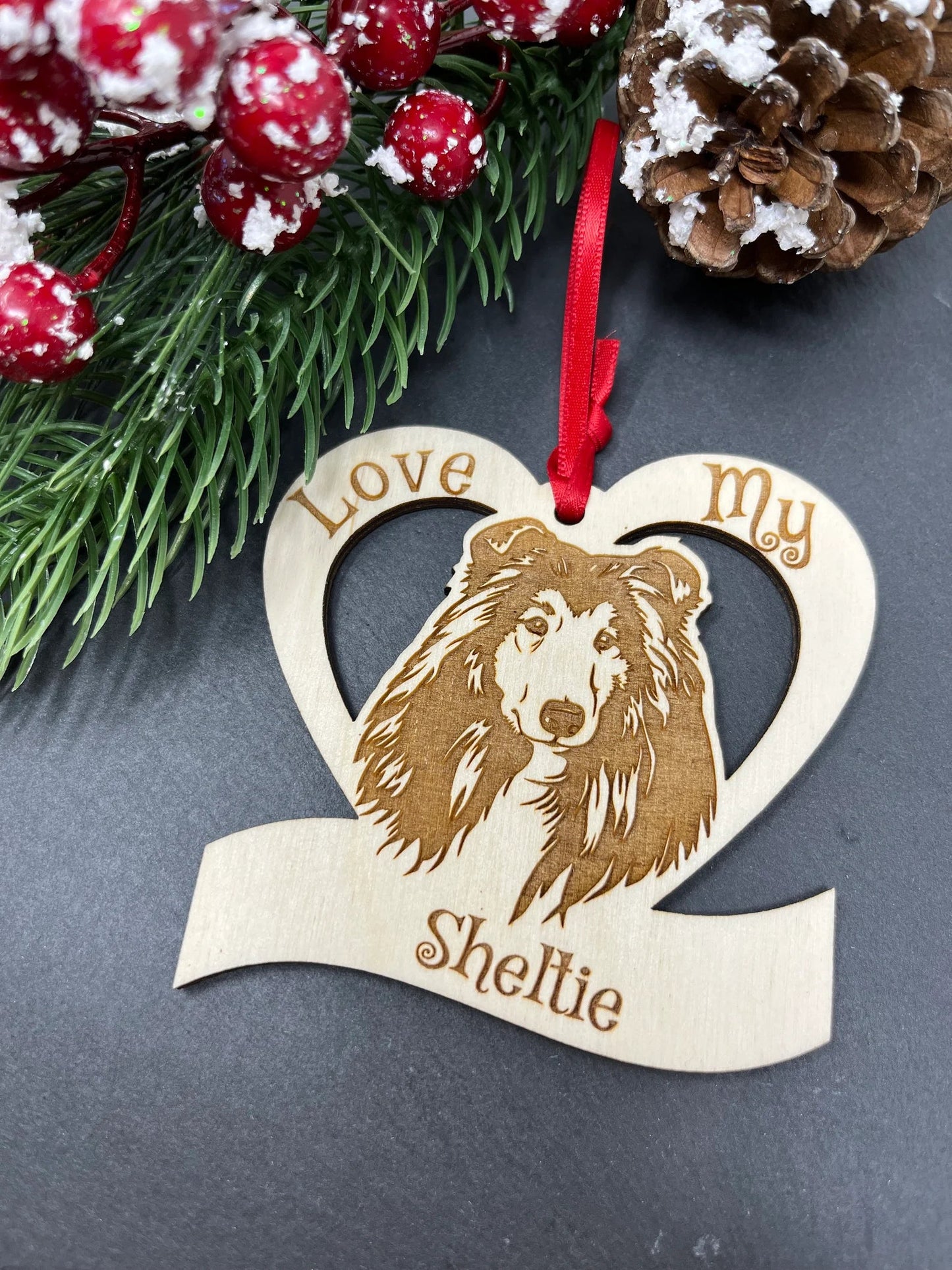 Love My Sheltie – Laser Engraved Wooden Heart Ornament