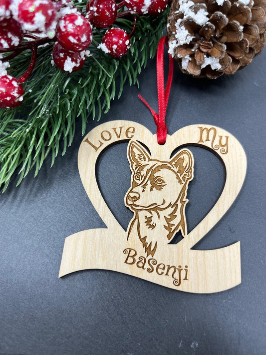 Love My Basenji – Laser Engraved Wooden Heart Ornament