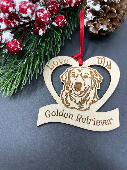Love My Golden Retriever – Laser Engraved Wooden Heart Ornament