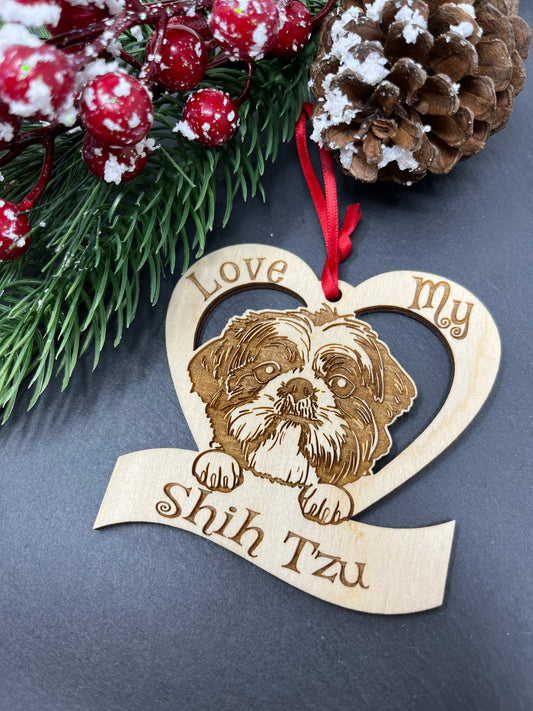 Love My Shih Tzu – Laser Engraved Wooden Heart Ornament