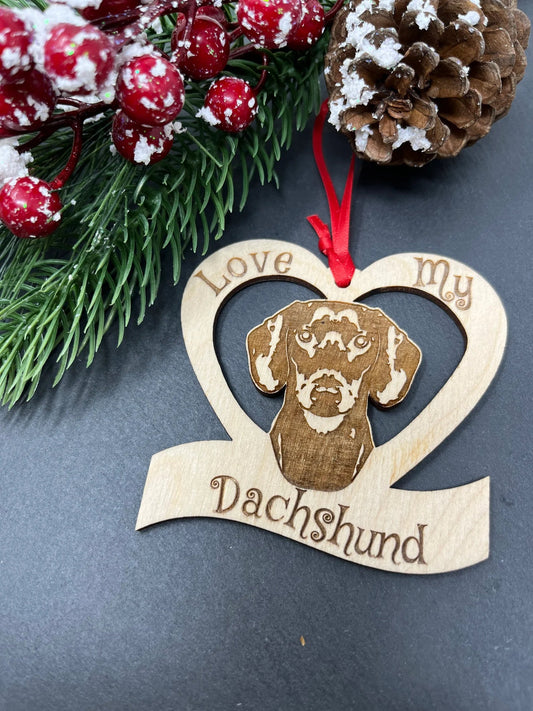 Love My Dachshund – Laser Engraved Wooden Heart Ornament