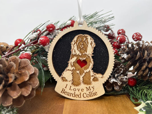 Love My Bearded Collie – Laser Engraved Round Wooden Ornament